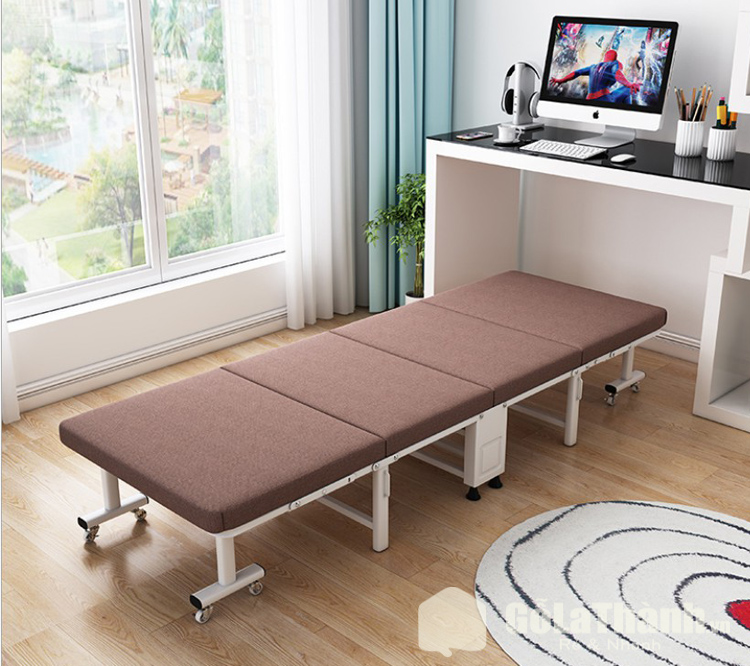 giường gấp khung kim loại đệm màu nâu
