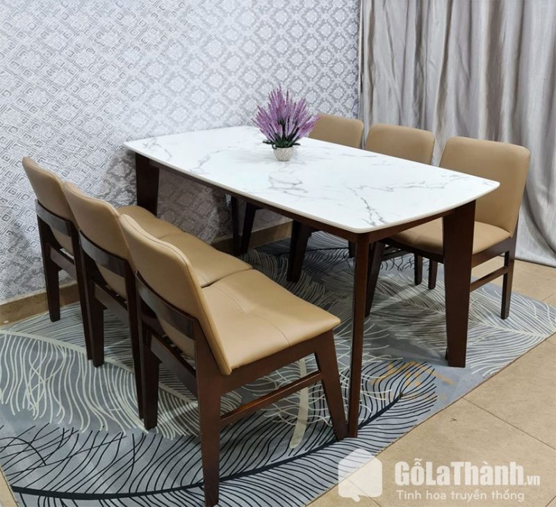 bàn ăn khung gỗ mặt đá 6 ghế