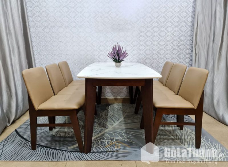 bàn ăn khung gỗ mặt đá 6 ghế