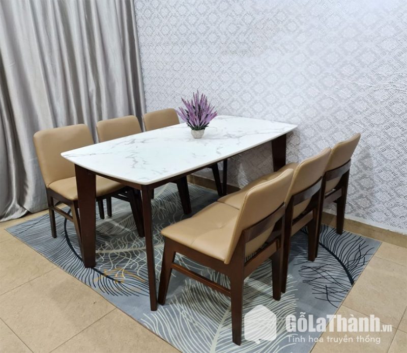 bàn ăn khung gỗ mặt đá 6 ghế