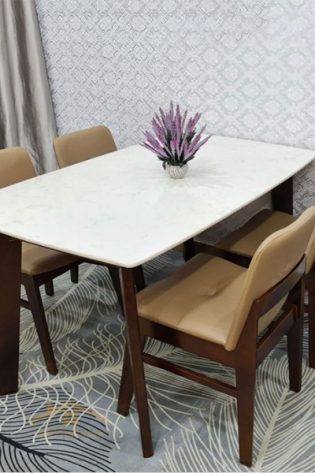 bàn ăn khung gỗ mặt đá 6 ghế