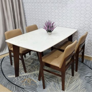 bàn ăn khung gỗ mặt đá 6 ghế