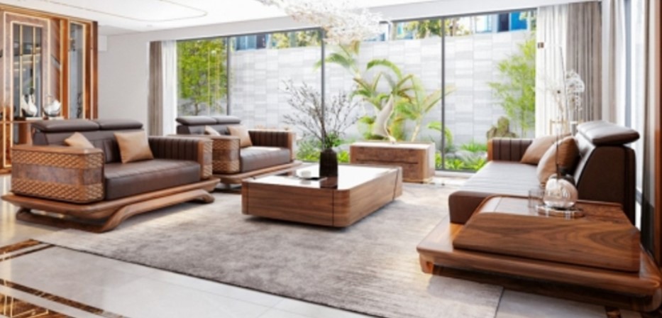 bài trí sofa gỗ óc chó