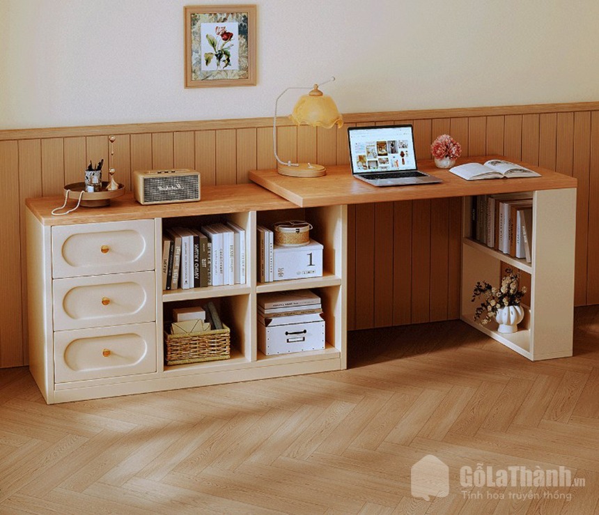 Mẫu bàn làm việc góc chữ L tích hợp lưu trữ tiện lợi
