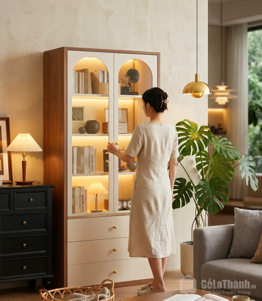 Mẫu Tủ sách cánh kính có ngăn kéo GHT-5401