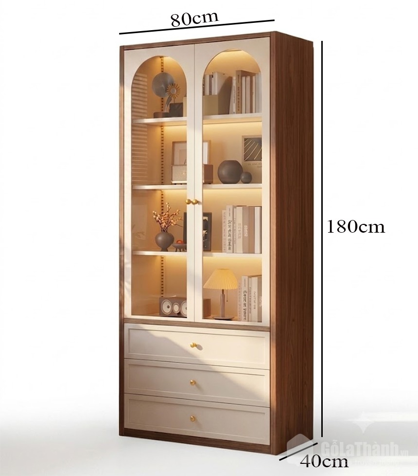 Chi tiết thiết kế Tủ sách cánh kính có ngăn kéo GHT-5401