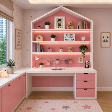 Bàn học liền giá sách hình ngôi nhà đẹp GHT-4336
