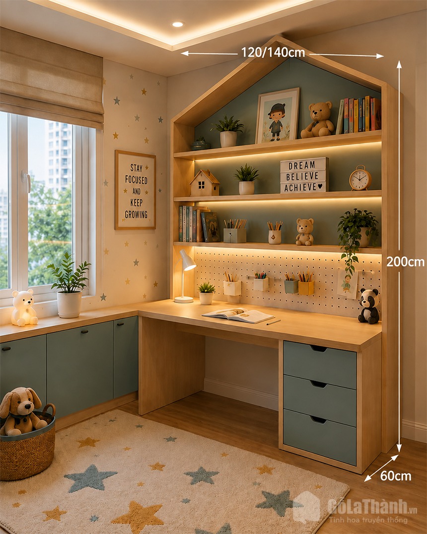 Chi tiết thiết kế Bàn học liền giá sách hình ngôi nhà đẹp GHT-4336