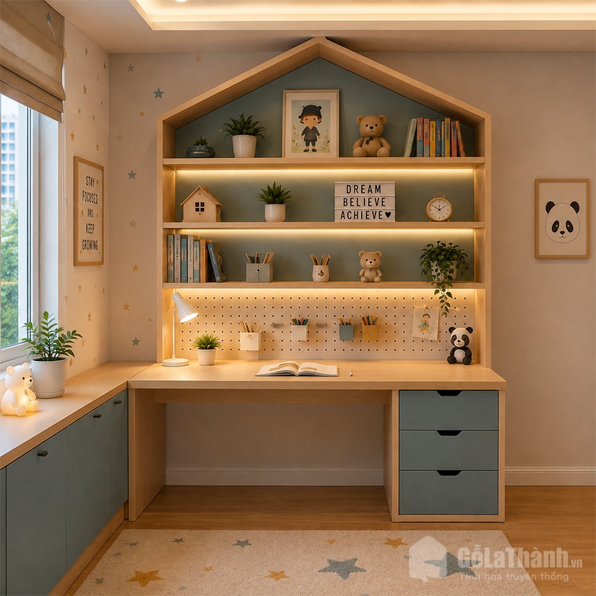 Mẫu bàn học liền giá sách hình ngôi nhà đẹp GHT-4336