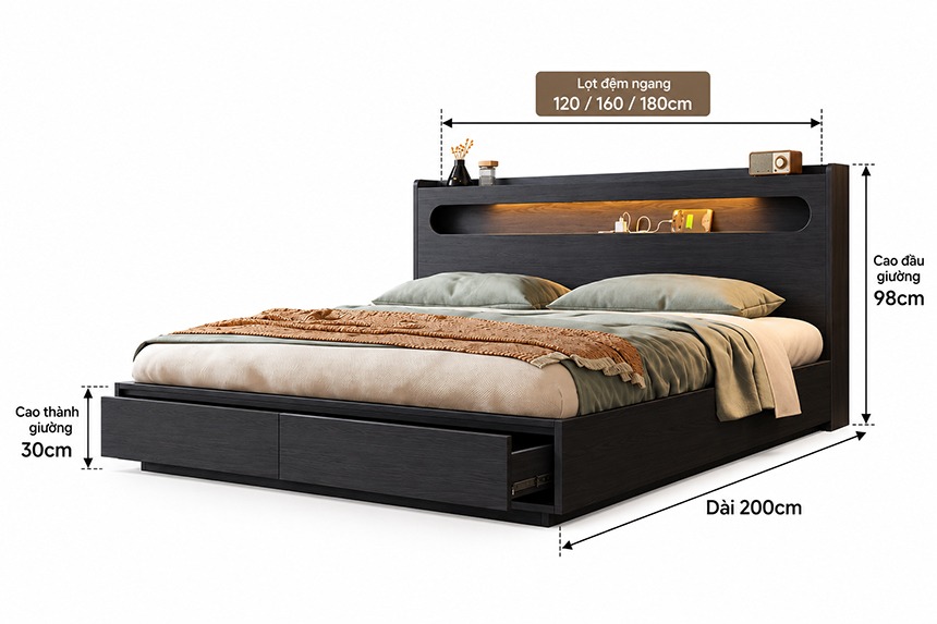 Chi tiết thiết kế Giường gỗ công nghiệp có ngăn kéo sang trọng GHT-540 Chi tiết thiết kế Giường gỗ công nghiệp có ngăn kéo sang trọng GHT-540