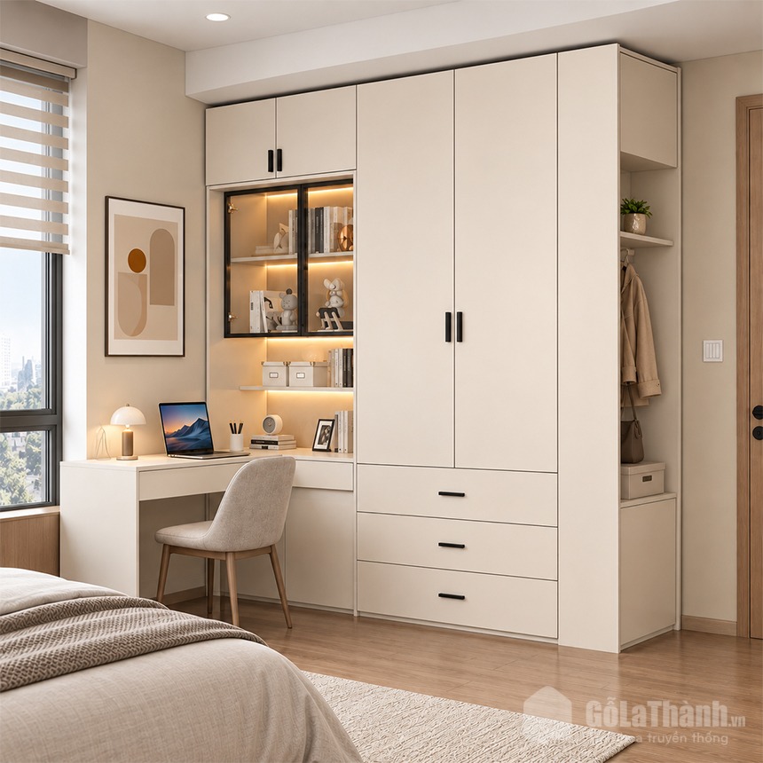 Thiết kế tủ áo liền bàn học tiện lợi Thiết kế tủ áo liền bàn học tiện lợi