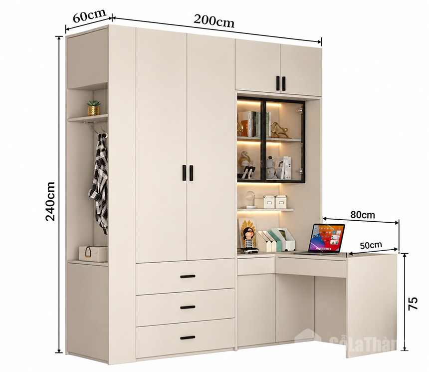 Chi tiết thiết kế Tủ áo liền bàn học hiện đại gỗ công nghiệp GHT-5454 Chi tiết thiết kế Tủ áo liền bàn học hiện đại gỗ công nghiệp GHT-5454
